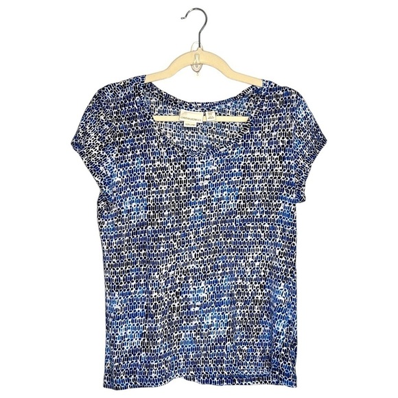 Cynthia Rowley 100% Linen Geometric Tee Blue White Size Medium - Picture 1 of 5